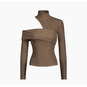 Commense Women's Mock Neck Oblique Cutout Rib Long Sleeve Knit Top Brown Medium